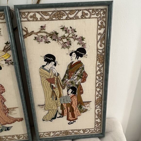 Vintage 1980s Japanese Antique Needlepoint Framed Wall Art Hand Stitched Framed - Picture 4 of 12